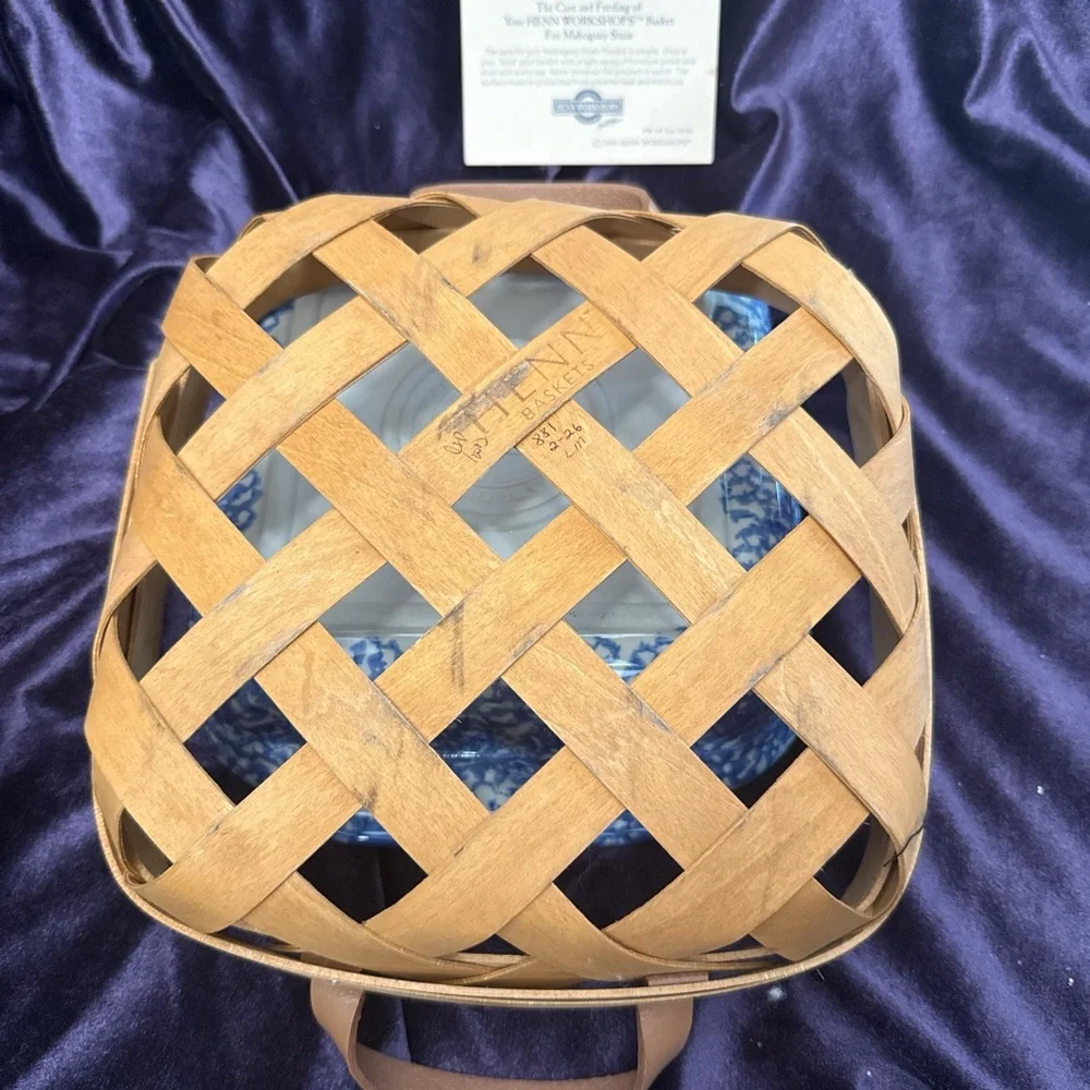 Henn Workshops Blue Sponge Collection casserole dish in a wooden basket